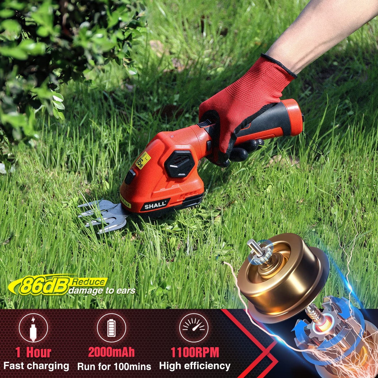 SHALL Hedge Trimmer Cordless & Garden Shears - 7.2V Electric Shrub Trimmer 2 in 1 Garden Clippers Handheld Hedge Trimmers, Hedge Clippers Grass Cutter W/ Pruning Scissor