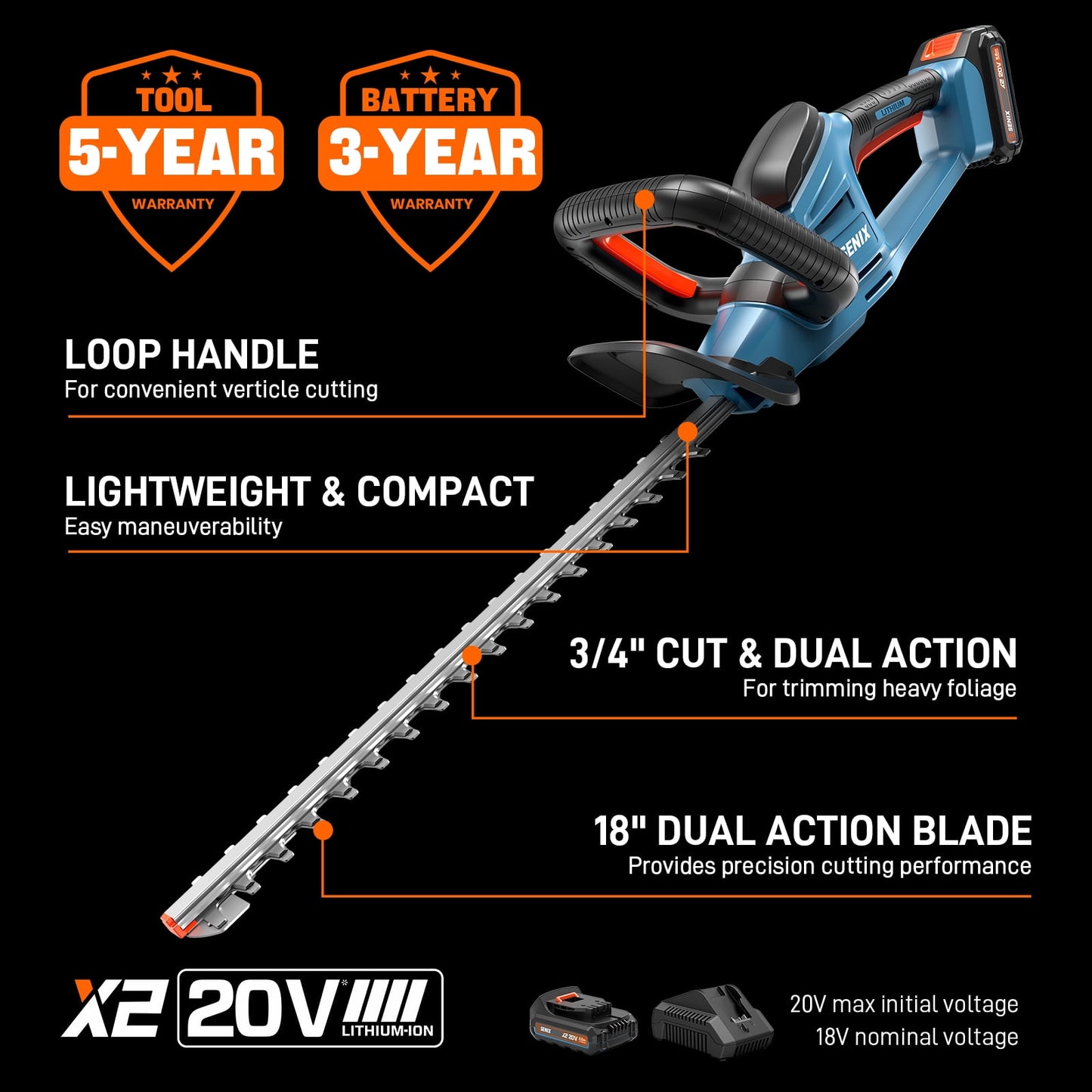 SENIX 20V Max* 18-Inch Cordless Hedge Trimmer with 2.0Ah Battery & Charger Included, Dual-Action and Double-Sided 3/4" Cutting Capacity, HTX2-M