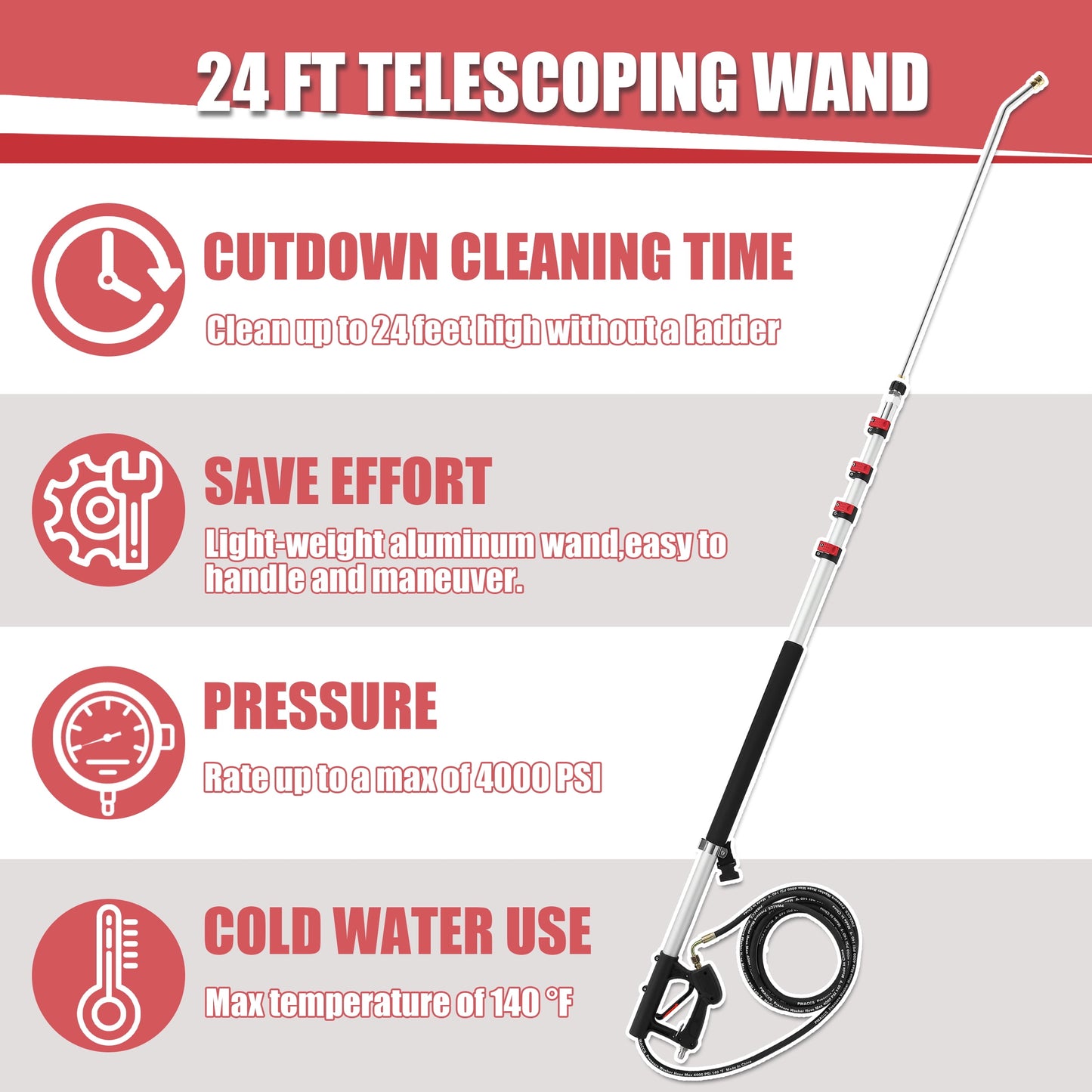 PWACCS 24 FT Telescoping Pressure Washer Wand, Telescopic Spray Wand with Power Washer Extension Wands, Gutter Cleaner Attachment Kit with 7 Nozzle Tips, 2 Adapters, Pivoting Coupler and Support Belt