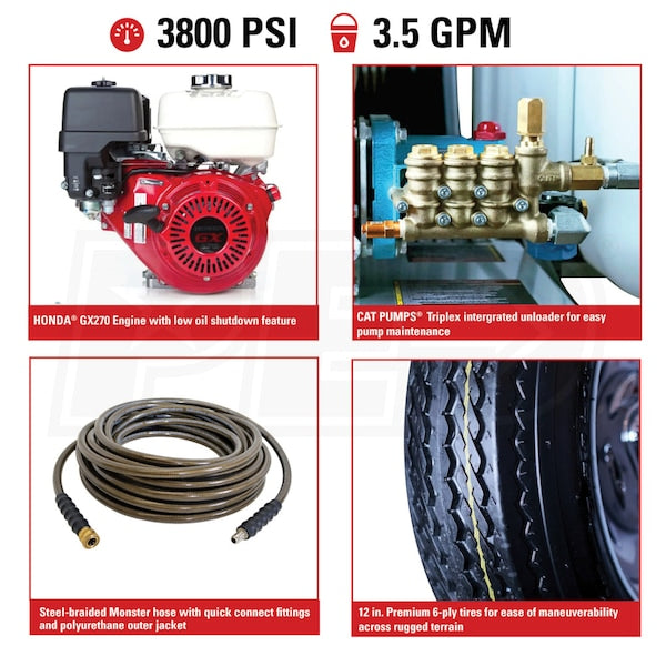 Simpson Professional 3800 PSI (Gas - Cold Water) Pressure Washer Trailer w/ CAT Pump & Honda GX270 Engine