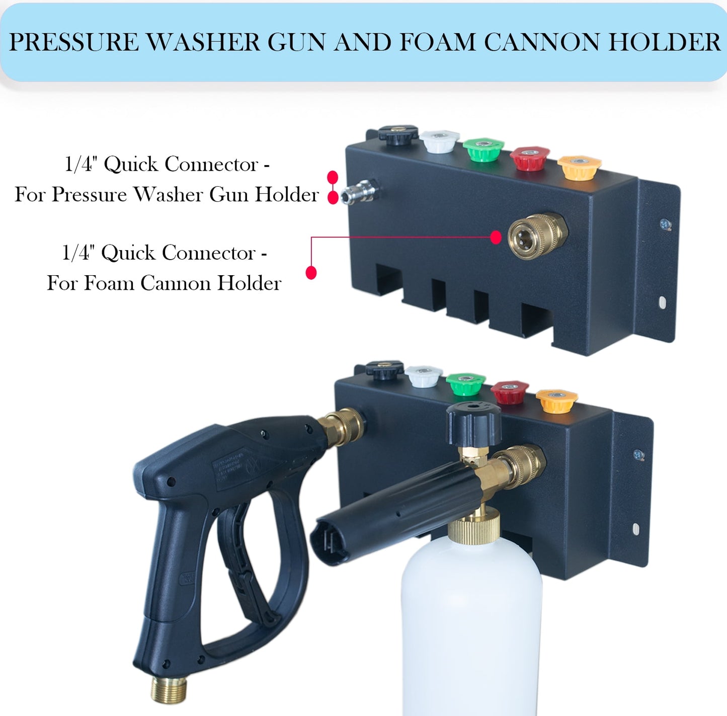 Pressure Washer Gun Holder-Foam Cannon Holder-Pressure Washer Wand Holder-Pressure Washer Nozzle Tip Holder For Car Pressure Washer Kit Storage Rack Wall Mount (Fit 1/4" Quick Connector)