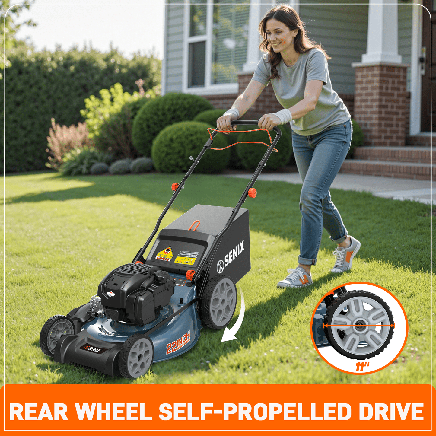 SENIX Self-Propelled Gas Lawn Mower, 22in Cutting Blade / 23in Cutting  Deck, 163 cc 4-Cycle Made in USA Briggs & Stratton Engine , 3-In-1, 6-Position Adjustment, 11in Rear Wheels, LSSG-H1