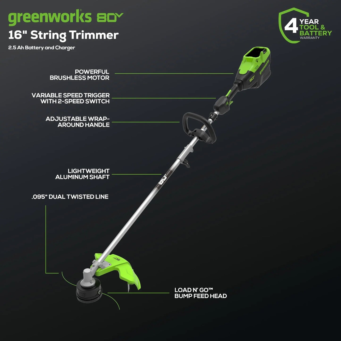 80V 16" Gen3 Cordless Brushless String Trimmer (Attachment Capable) w/ 2.5Ah Battery & Charger