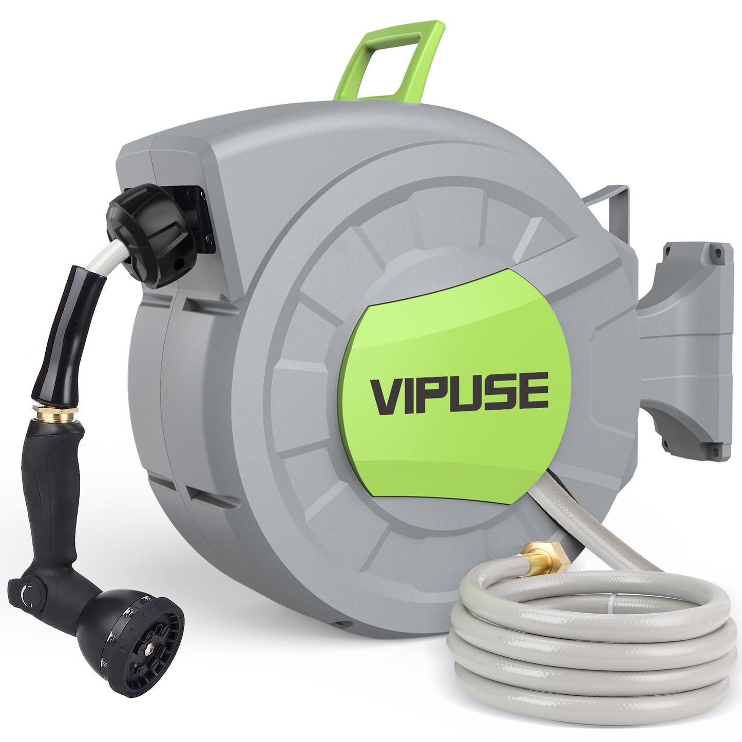 Vipuse Retractable Garden Hose Reel, 1/2 Inch x 100 ft Wall Mounted Garden Hose Reel, with 10 Pattern Nozzle, Any Length Lock, Slow Return System, 180° Swivel Bracket
