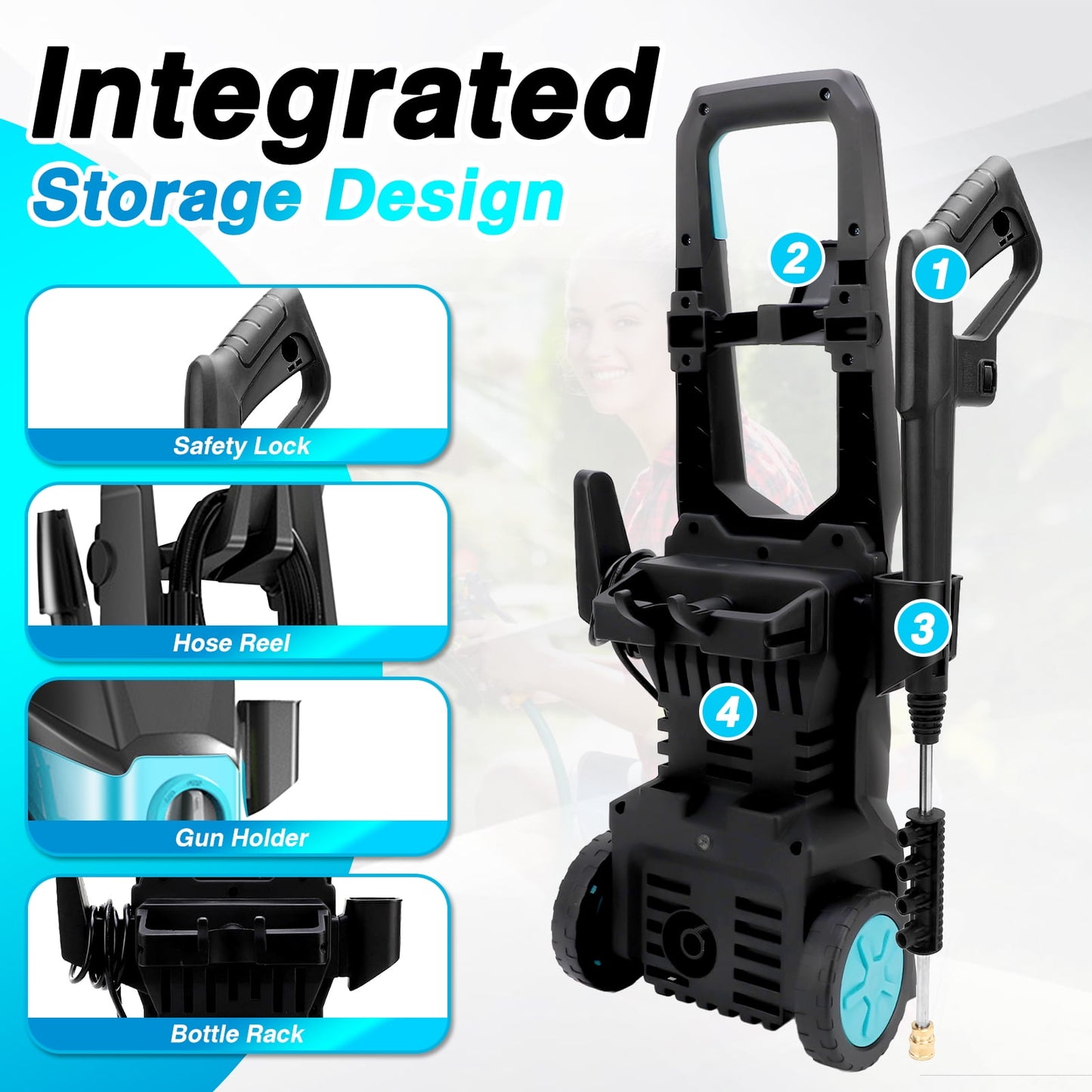 Electric Pressure Washer, 3000PSI Max 2.4 GPM Power Washer with 32 ft Hose, 4 Quick Connect Nozzles, Foam Cannon, Suitable for Clean Cars, Patios, Driveways, Fences, Pool