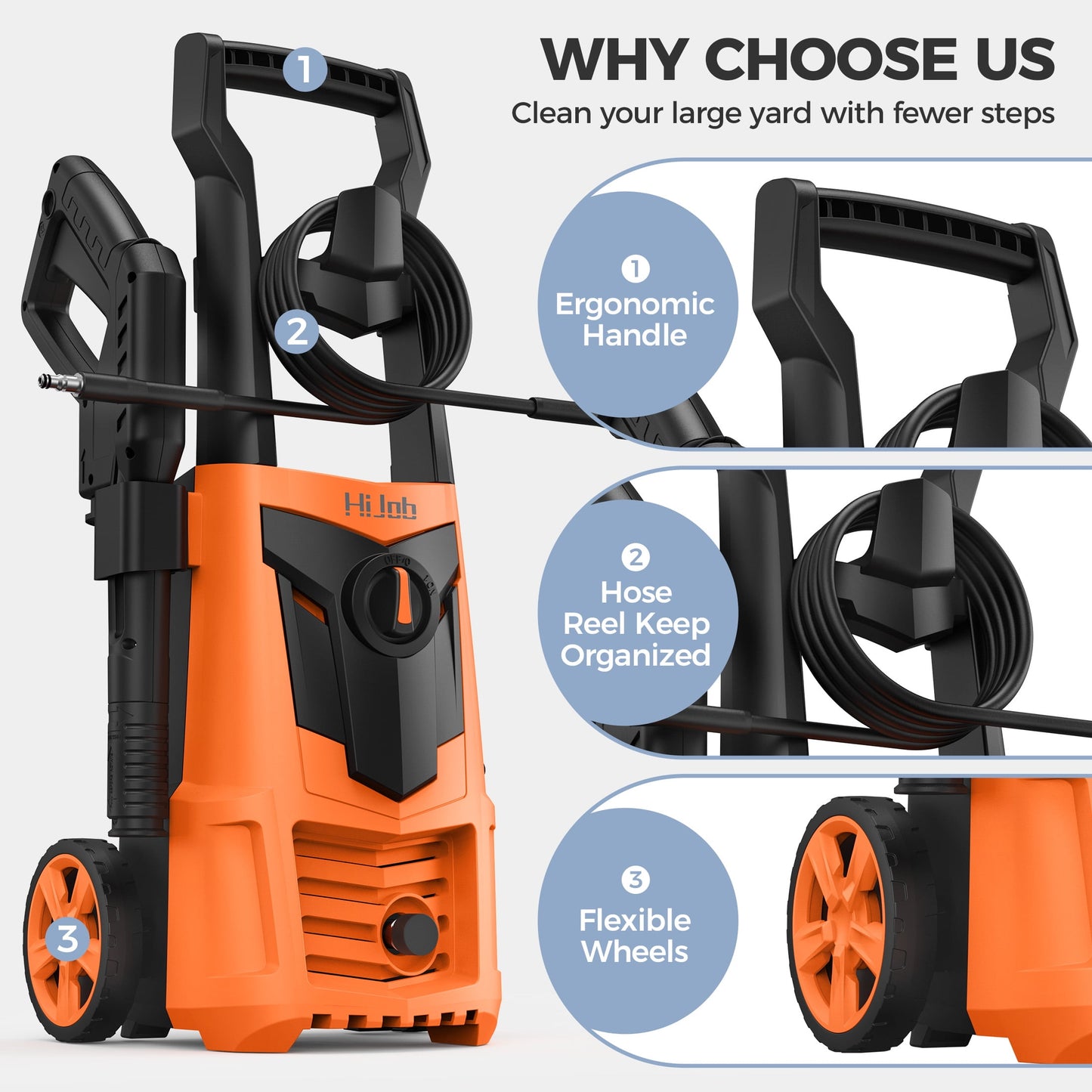 HIJOB Electric 3000 PSI Pressure Washer w/ 20 ft Hose, 4 Quick Connect Nozzles, Foam Cannon, Portable to Clean Patios Cars Fences Driveways
