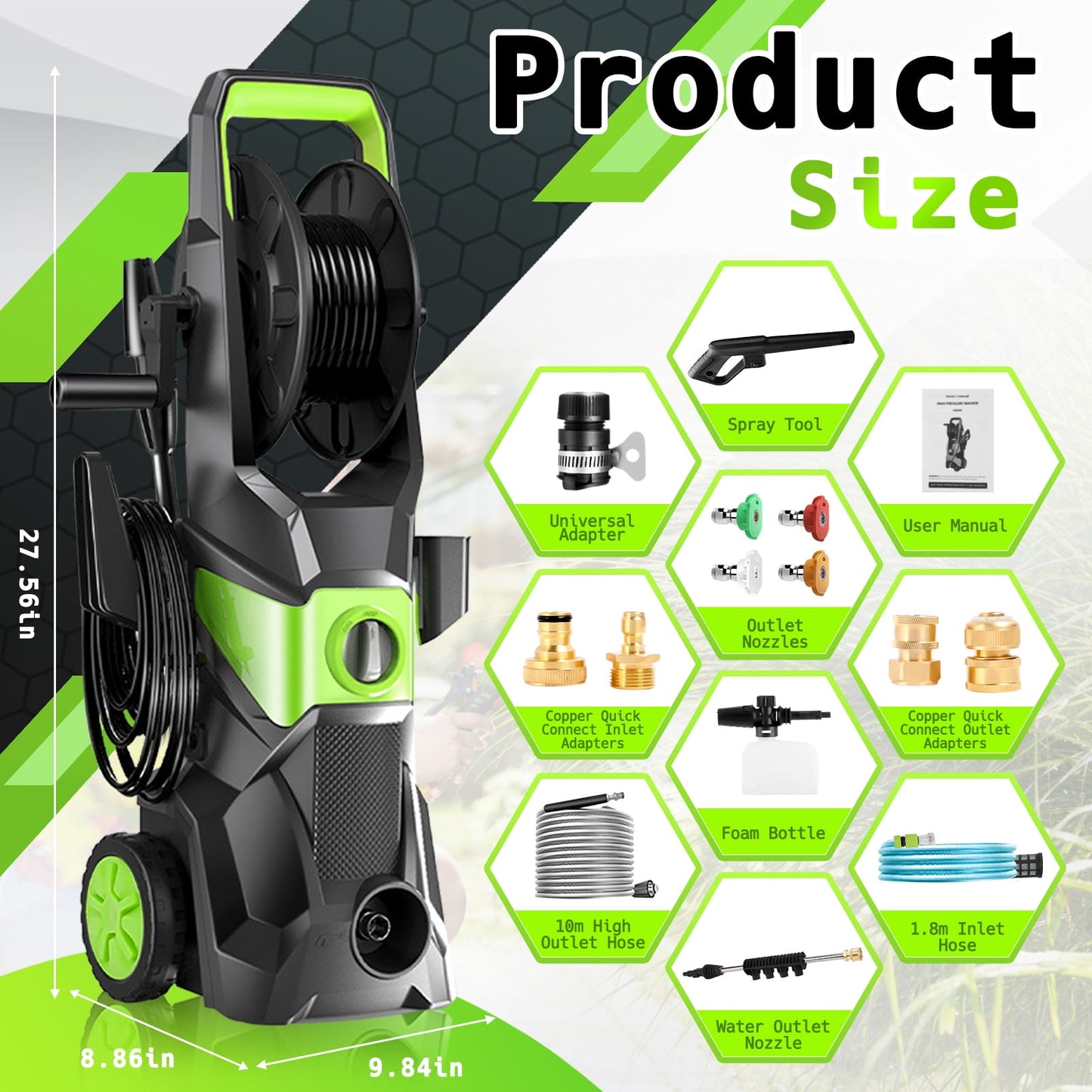 Electric Pressure Washer, 3500 Max PSI, 2.4 GPM Power Washer Machine with Hose Reel, 32FT Hose, 5 Quick Connect Nozzles, Foam Cannon Portable to Clean Patios, Cars, Fences, Driveways