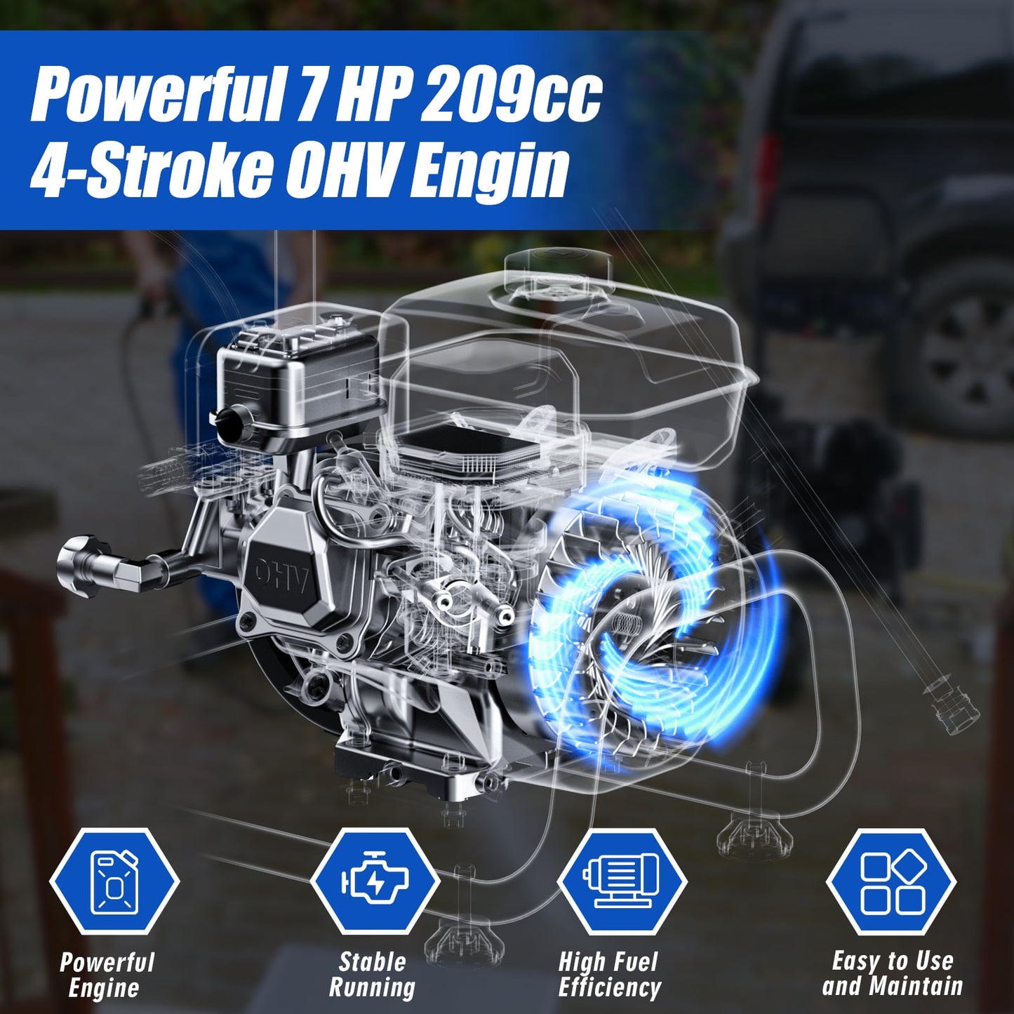 Efurden 3500PSI 2.3GPM Gas Pressure Washer with 209CC 7HP Engine, 4 Quick Connect Nozzles, 25FT Pressure Hose & Soap Tank