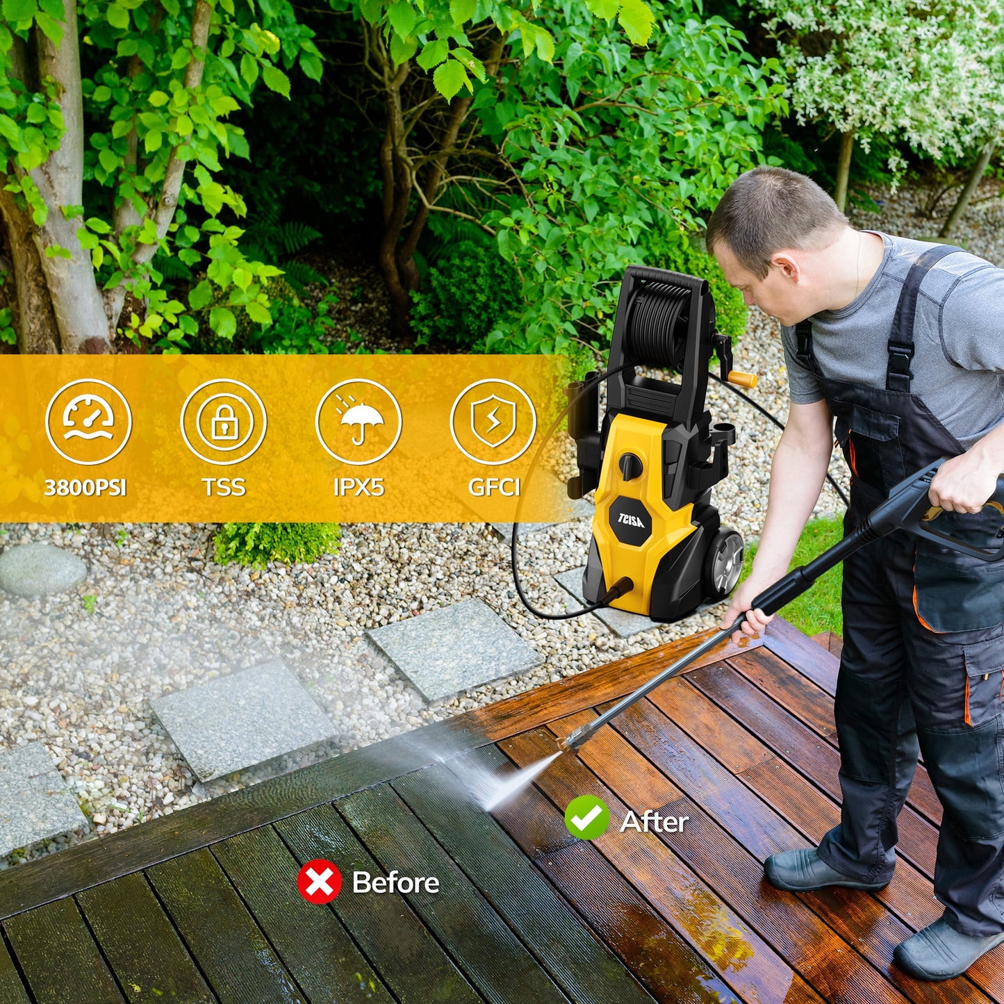 TCISA 3800 PSI Electric Pressure Washer,Max 2.5 GPM Power Washer with 35FT Power Cord 20FT Hose 5 Nozzles,Soap Cannon for Car Garden Yard Hom