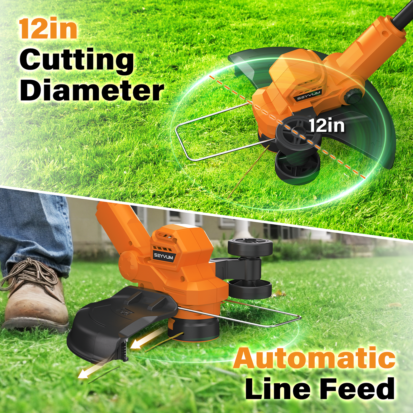 String Trimmer, 12-inch Cordless Grass Trimmer with Auto Line Feed, 2 X 2.0Ah Battery Powered Weed Eaters, 20V Lawn Edger with 8 Pcs Grass Cutter Spool Line, Fast Charger Included