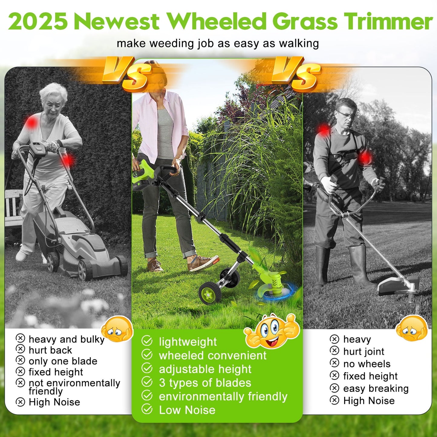 Weed Eaters Cordless with 2024 Upgraded Metal Wheels, Fovendi 3-in-1 Battery Powered Grass Trimmer & String Trimmer/Edger Kit for Lawn Garden Pruning/Trimming