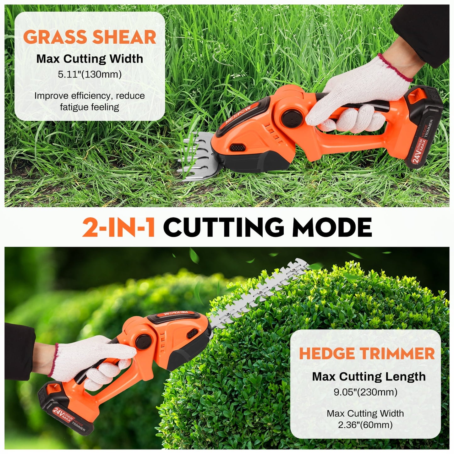 NEXPOW 24V Cordless Hedge Trimmer – 3-in-1 Grass Shears, Shrubbery Trimmer & Electric Grass Trimmer, Dual Batteries, Lightweight & Powerful(Orange)