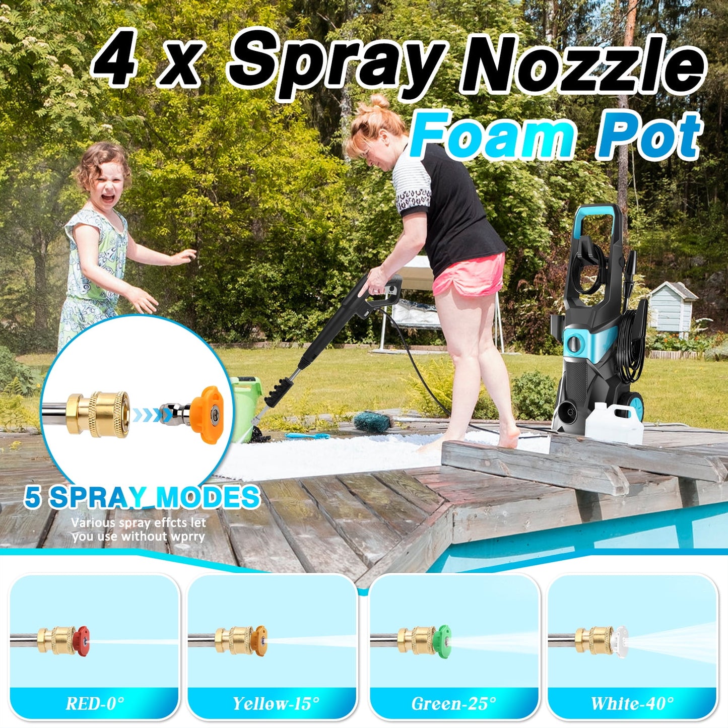 Electric Pressure Washer, 3000PSI Max 2.4 GPM Power Washer with 32 ft Hose, 4 Quick Connect Nozzles, Foam Cannon, Suitable for Clean Cars, Patios, Driveways, Fences, Pool