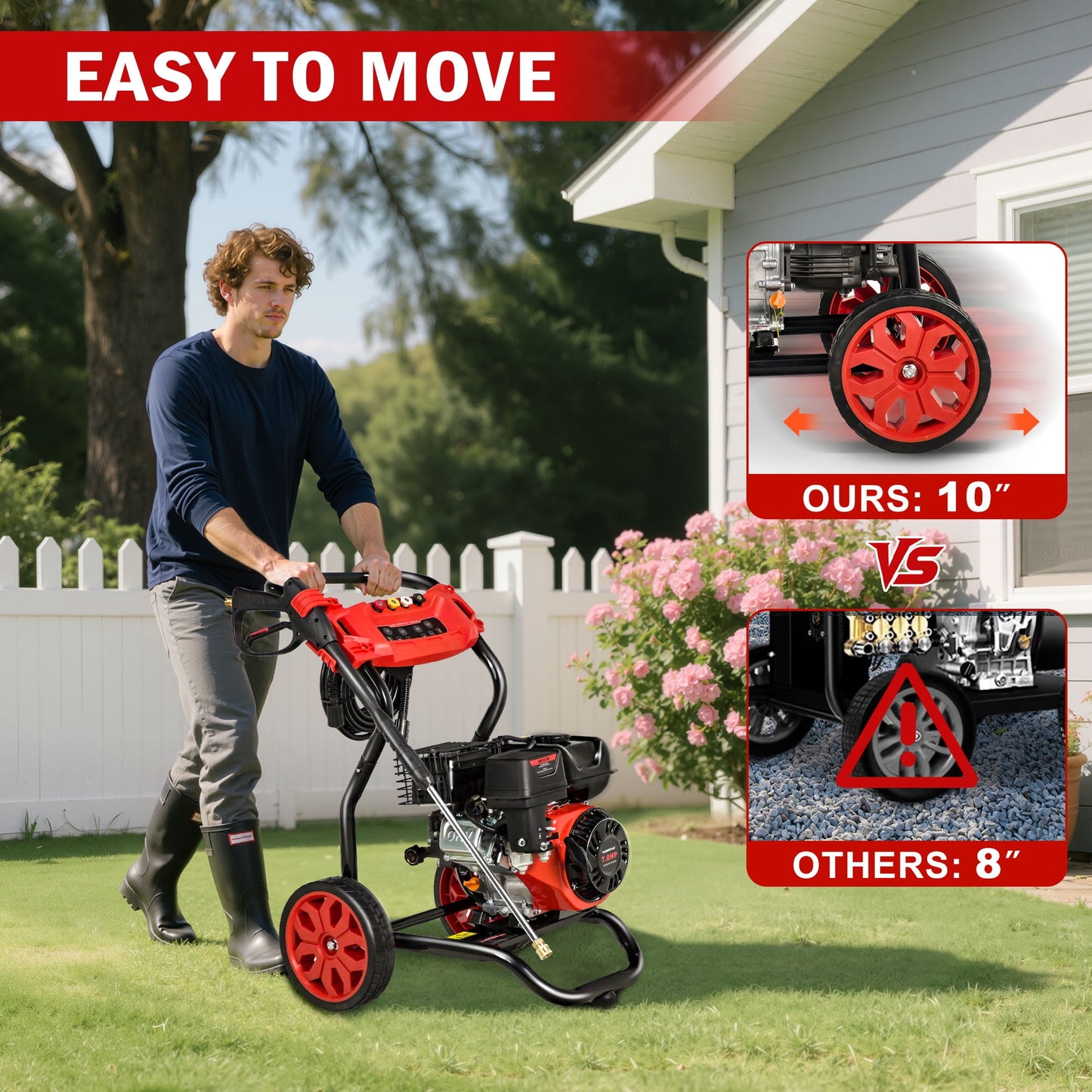 3500PSI Pressure Washer with 4 Nozzle, Portable Gas Pressure Washer for Patios, Cars, Fences, Driveways, 2.6GPM High-Power Washer with 28' High-Pressure Hose, Red & Black