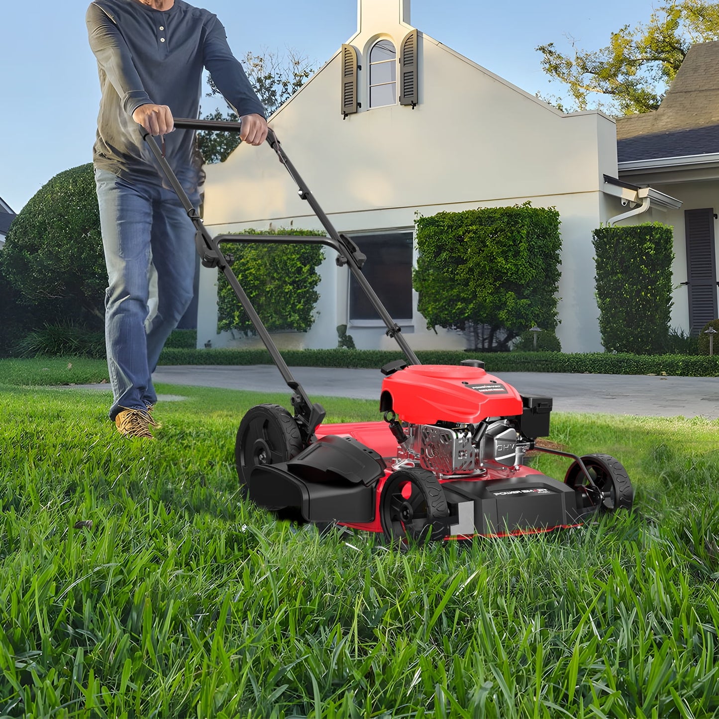 PowerSmart Gas Lawn Mower, 21 inches 144cc 2-in-1 Walk-Behind , Side Discharge Push Lawn Mower