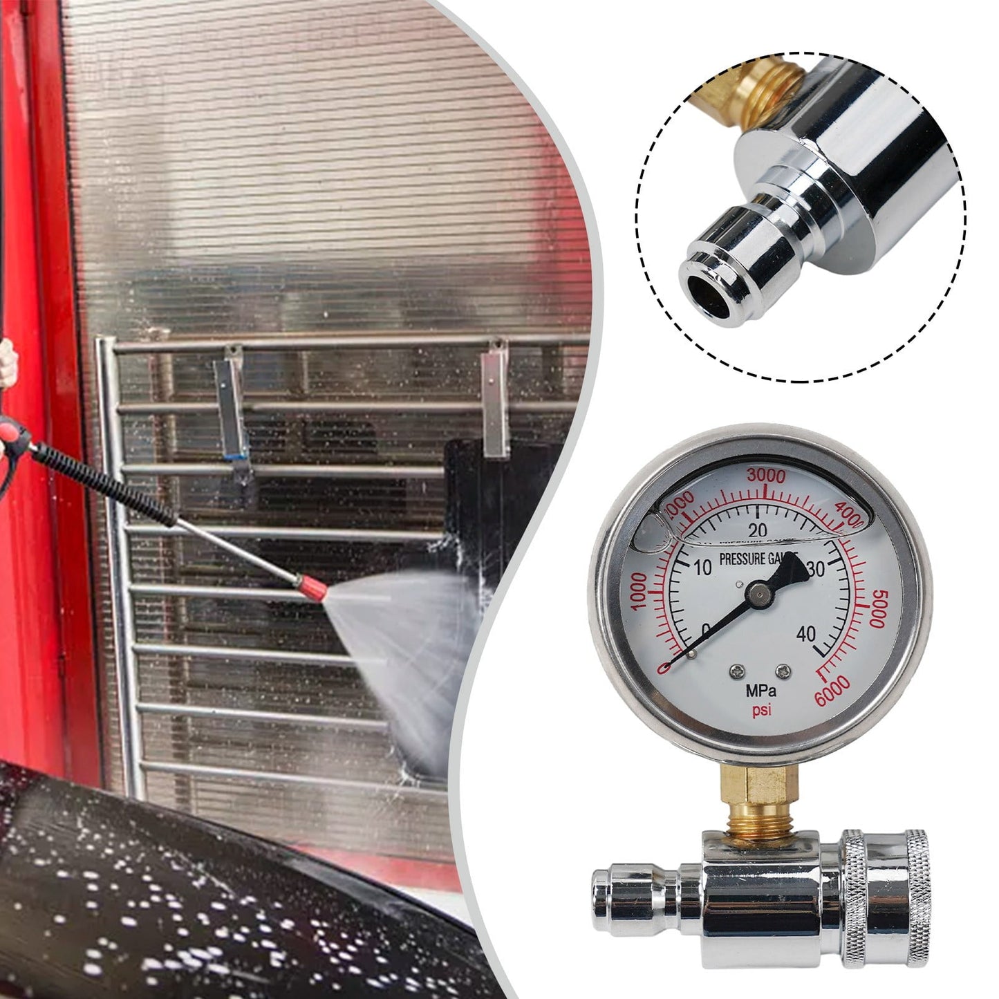 CHENGSI 6000 PSI Pressure Washer Gauge Meter with Quick Connect Socket,Stainless Steel and Brass Construction,Compatible with Most Pressure Washers,3/8 In Quick Connect,0-400 kg Pressure Resistance