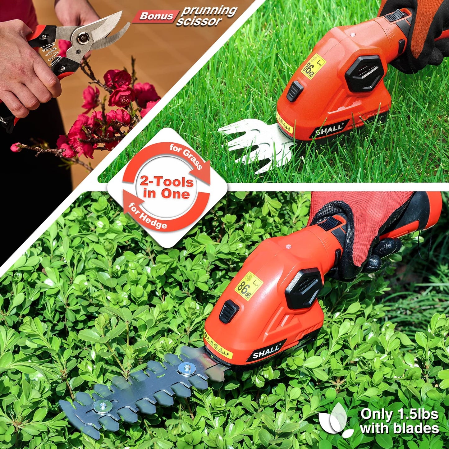 SHALL Hedge Trimmer Cordless & Garden Shears - 7.2V Electric Shrub Trimmer 2 in 1 Garden Clippers Handheld Hedge Trimmers, Hedge Clippers Grass Cutter W/ Pruning Scissor