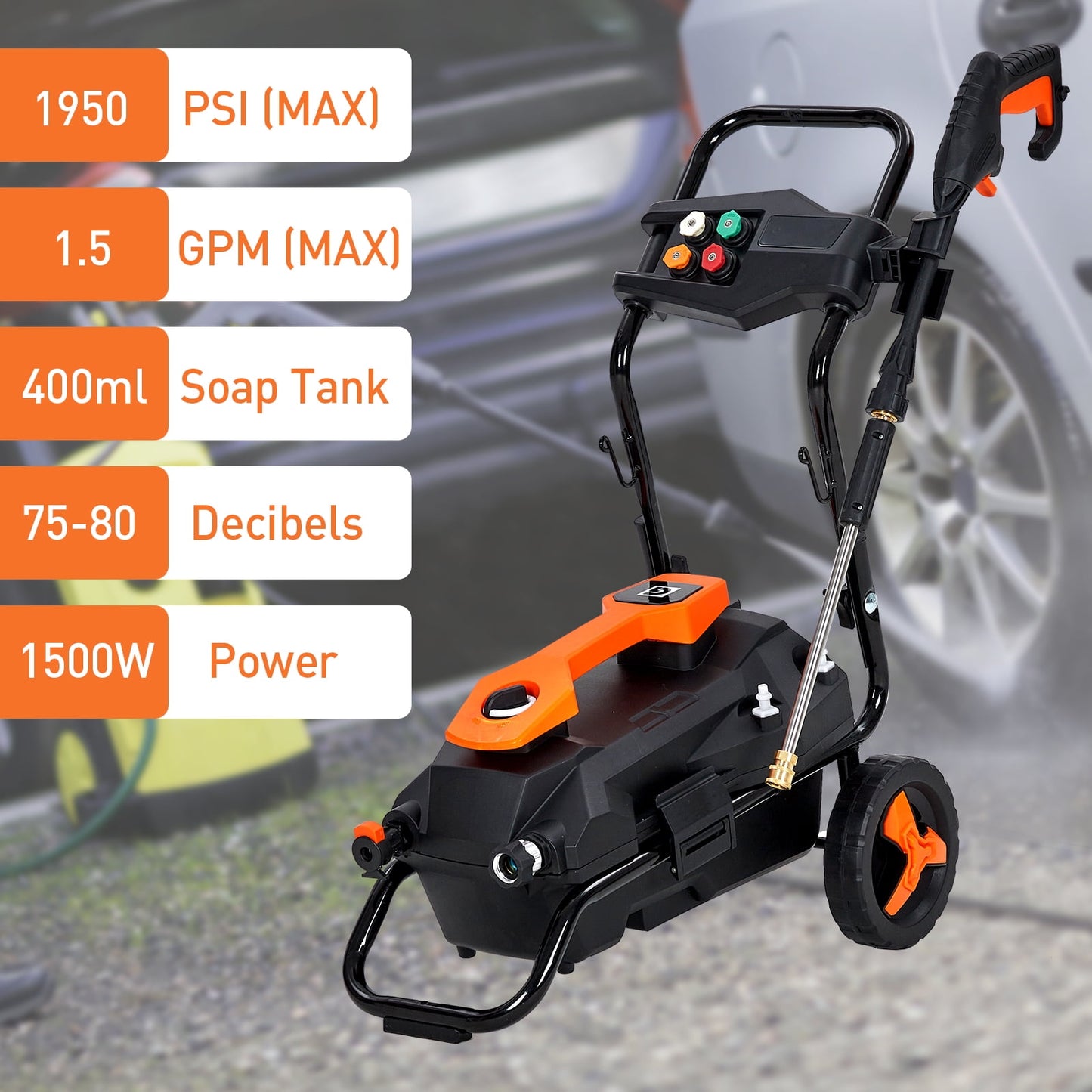 Zzistar Gas Pressure Washer 1950 PSI and 1.5 GPM, 4 Nozzle Tips 25ft Hose Power Washer with 400ML Onboard Soap Tank for Cars Fences Driveways