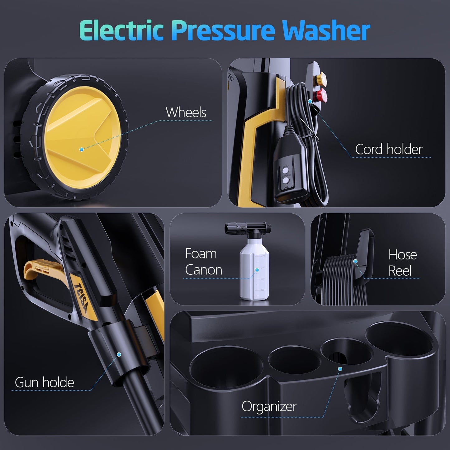 TCISA 3500 PSI Electric Pressure Washer,Max 2 GPM Power Washer with 35FT Power Cord 20FT Hose 4 Nozzles Soap Cannon for Car Garden Yard Hom