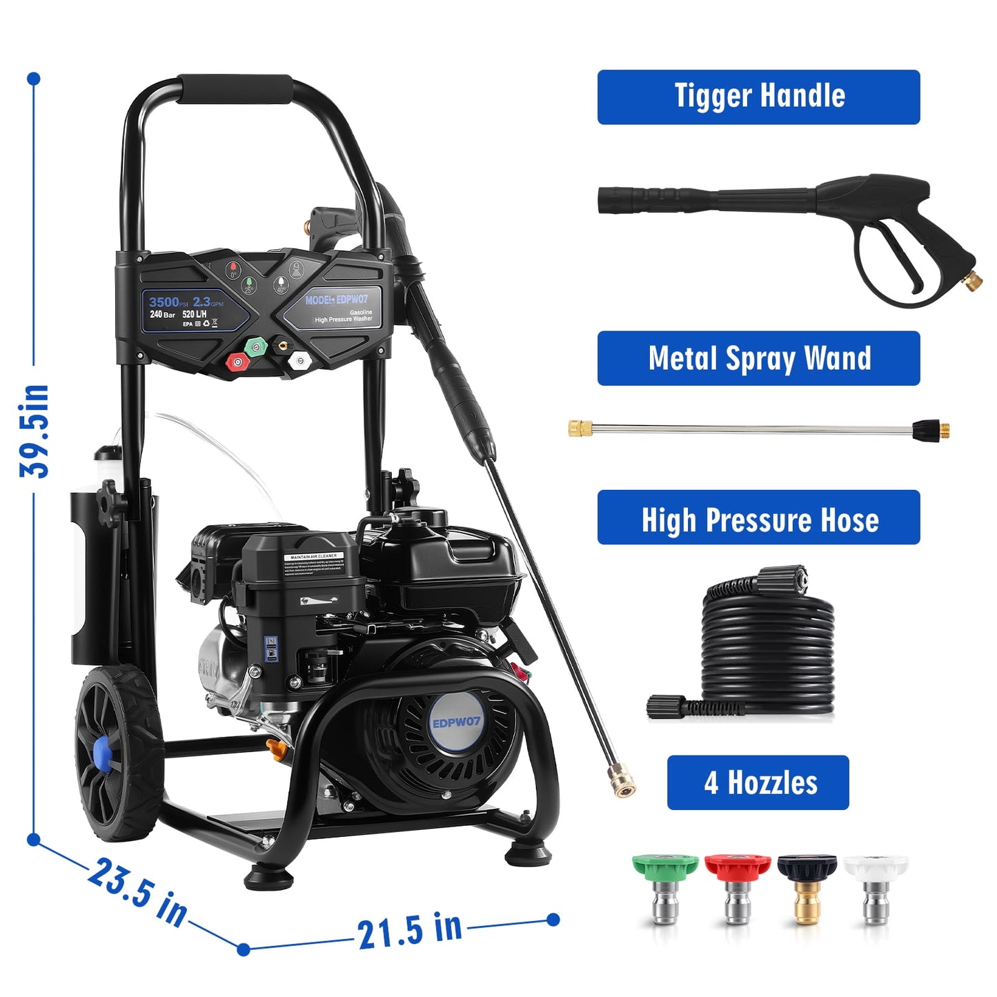 Efurden 3500PSI 2.3GPM Gas Pressure Washer with 209CC 7HP Engine, 4 Quick Connect Nozzles, 25FT Pressure Hose & Soap Tank