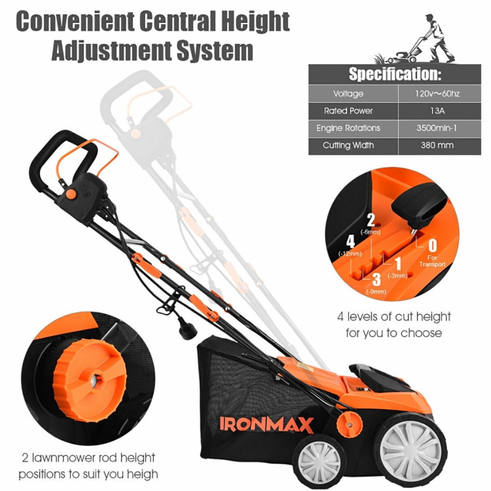 GVN 15 Inch 13 Amp Electric Scarifier with Collection Bag and Removable Blades-Orange, Electric Lawn Mowers for Garden, Yard and Farm