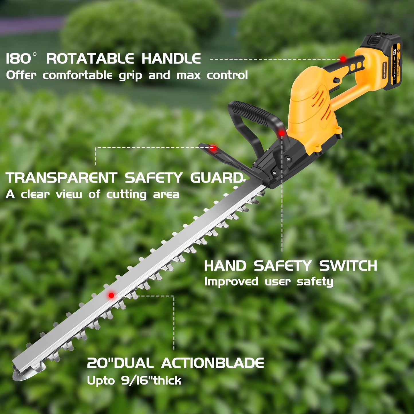 Hedge Trimmer Cordless, UNTIMATY 21V Electric Hedge Trimmer with 3.0Ah Battery and Charger for Bush Shrub Cutting, Trimming, Yellow