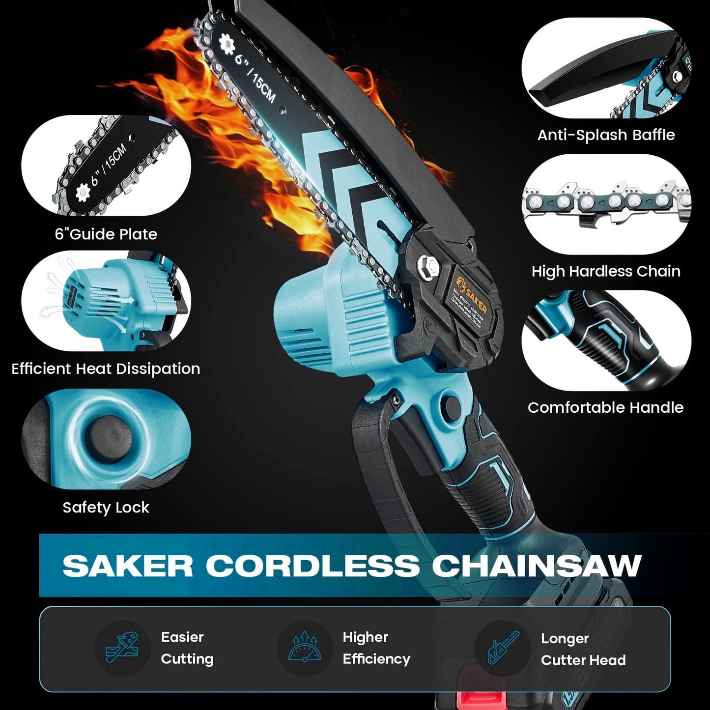 Saker 6 inch Mini Chainsaw with 2 Batteries & 2 Chains, Electric Chainsaw for Cutting, Ideal for Gardening, Tree Trimming, Blue