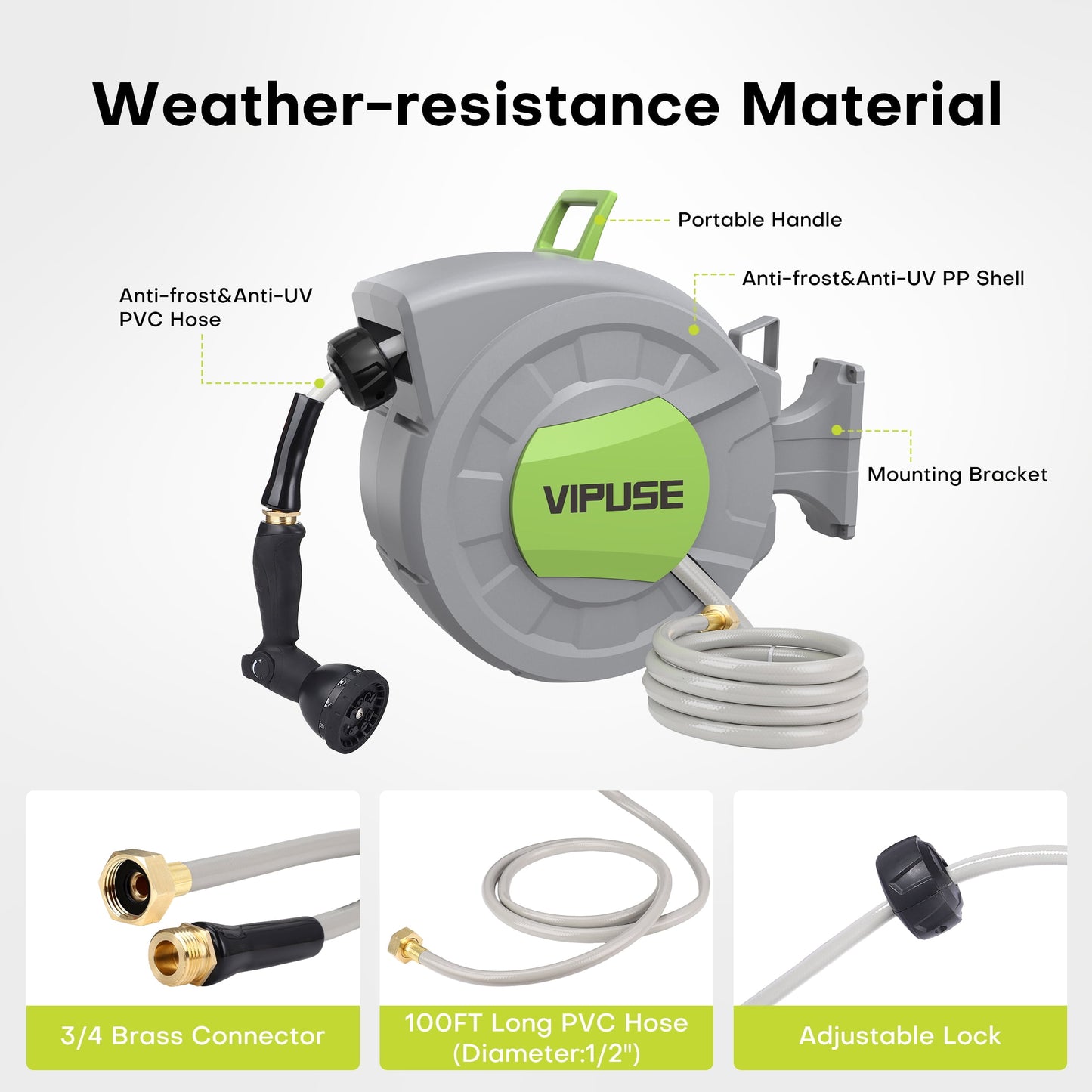 Vipuse Retractable Garden Hose Reel, 1/2 Inch x 100 ft Wall Mounted Garden Hose Reel, with 10 Pattern Nozzle, Any Length Lock, Slow Return System, 180° Swivel Bracket