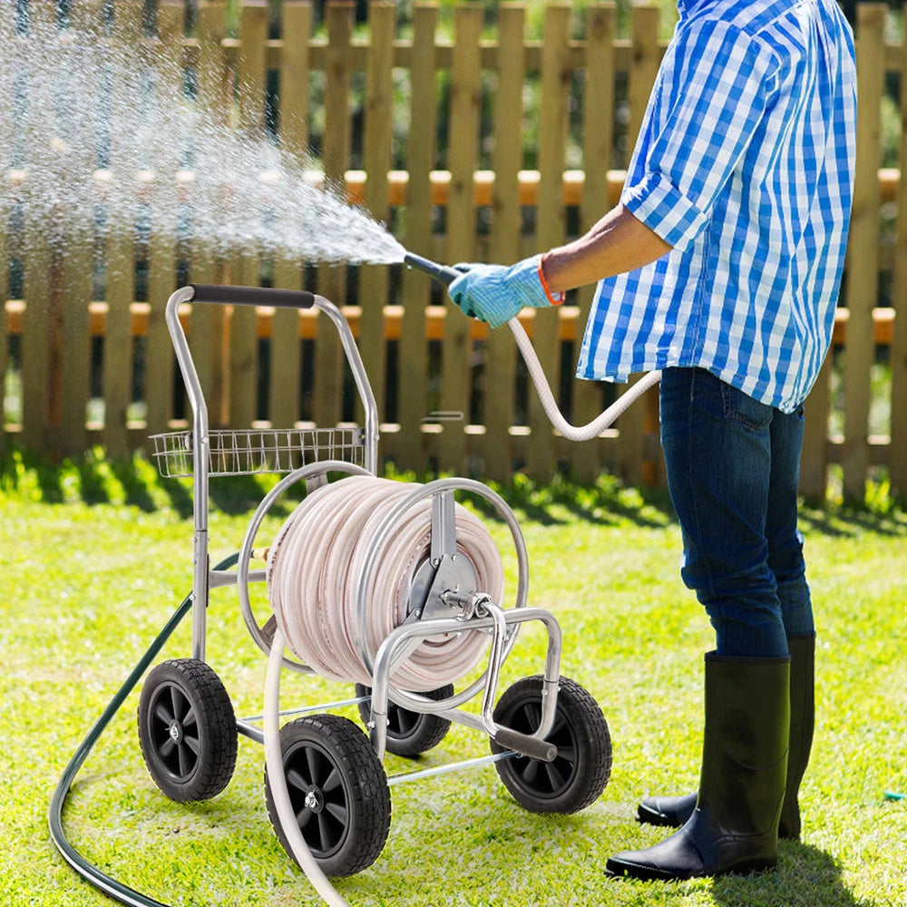 Hose Reel Cart 250ft. Heavy Duty Garden Water Yard Planting w/ Basket