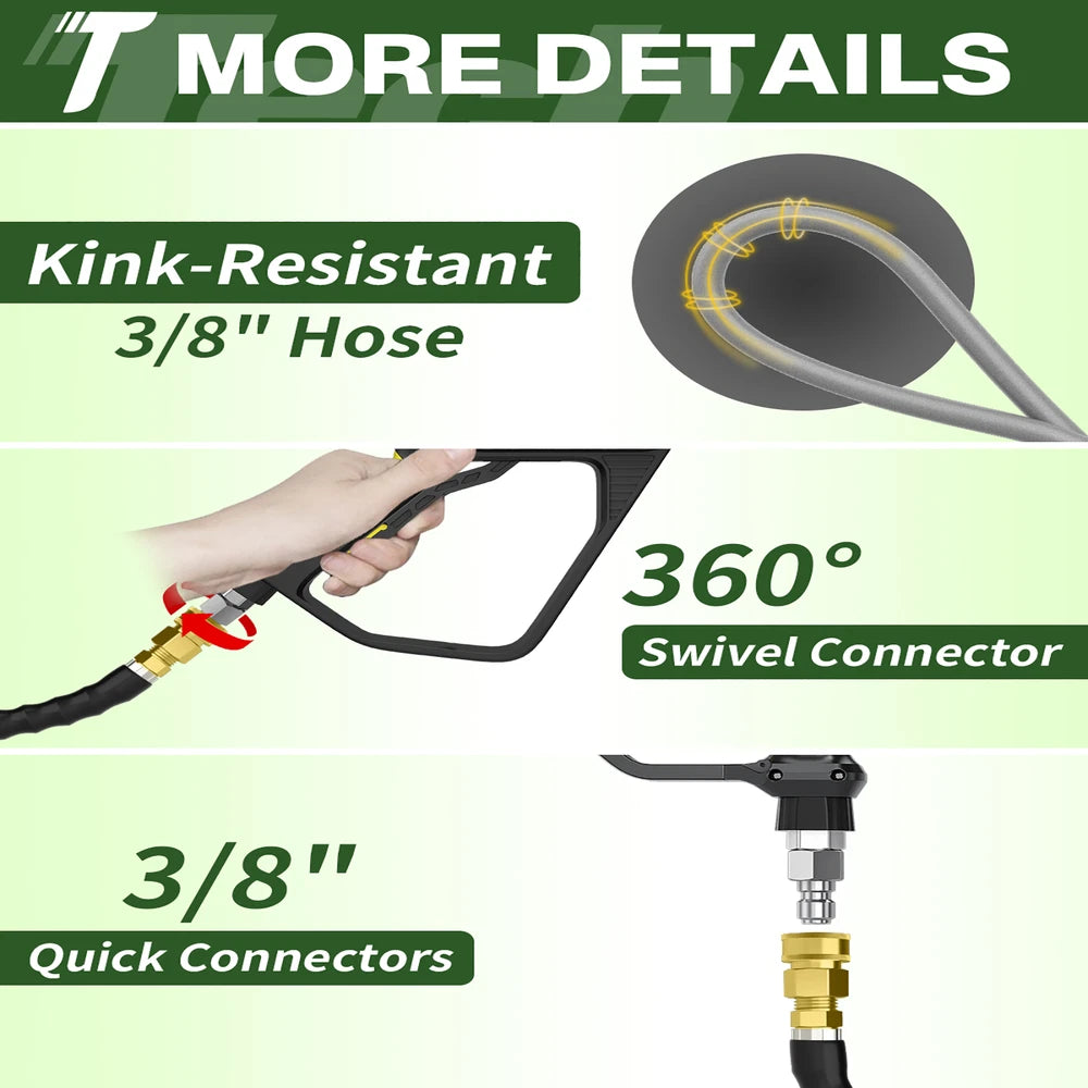3/8" 4800PSI Pressure Washer Hose 50FT with Swivel Quick Connect Max 248°F