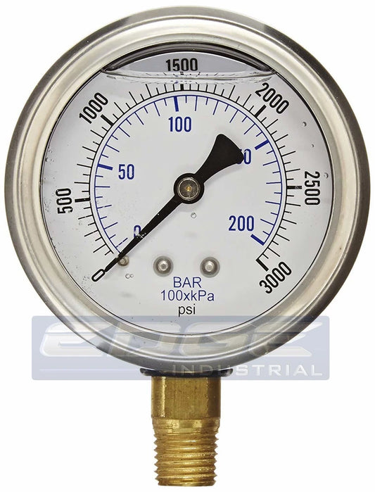 Liquid Filled GAUGE PRESSURE WASHER 2.5" FACE 0-3000 lower mnt 1/4" 201L-254P