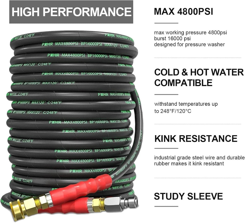 POHIR 100FT 3/8" Pressure Washer Hose 4800PSI 2-Braid R2 Power Wire Washer Hose