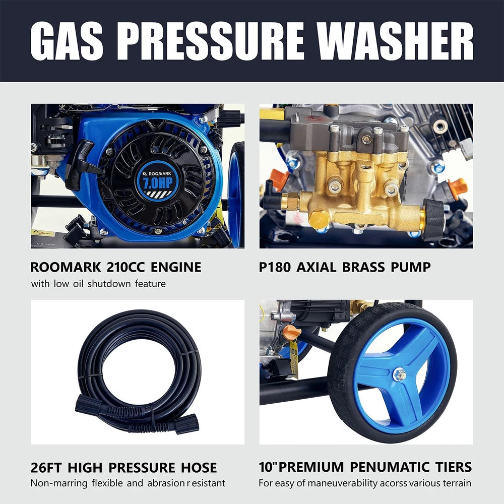 Roomark 3600 PSI Gas Pressure Washer 5 Nozzles Gas Powered Washer 2.6 GPM 210cc