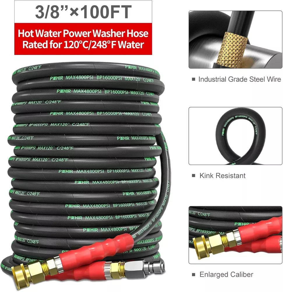 POHIR 100FT 3/8" Pressure Washer Hose 4800PSI 2-Braid R2 Power Wire Washer Hose