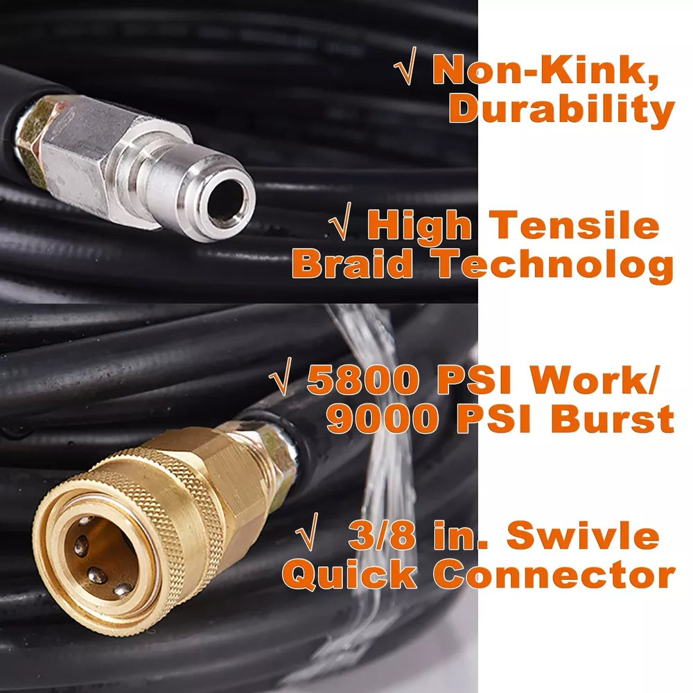 50FT 5800PSI Replacement High Pressure Power Washer Hose -3/8" Quick Connect