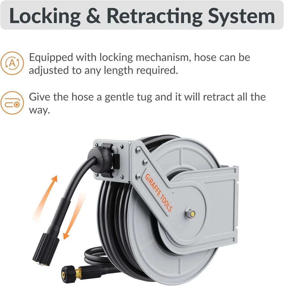 Giraffe Tools Retractable Power Pressure Washer Hose Reel 1/4" x 65 ft, 3200PSI