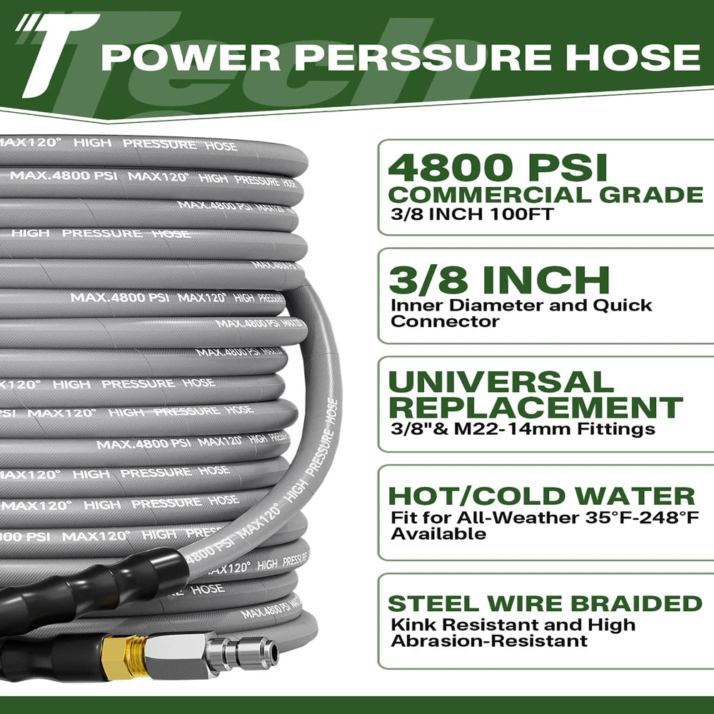 3/8" 4800PSI Pressure Washer Hose 50FT with Swivel Quick Connect Max 248°F