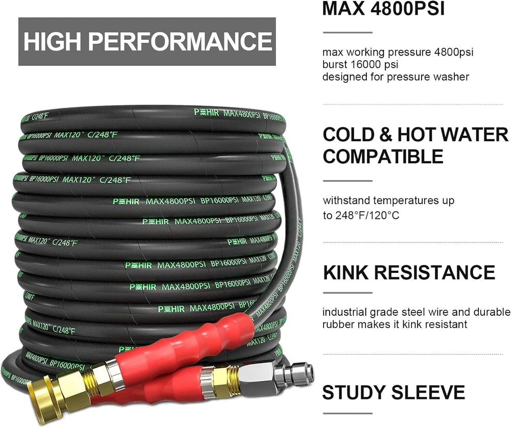 POHIR 70FT 3/8" Pressure Washer Hose 4800PSI Flexible Power Wire Washer Hose