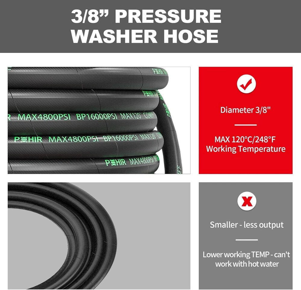 POHIR 70FT 3/8" Pressure Washer Hose 4800PSI Flexible Power Wire Washer Hose