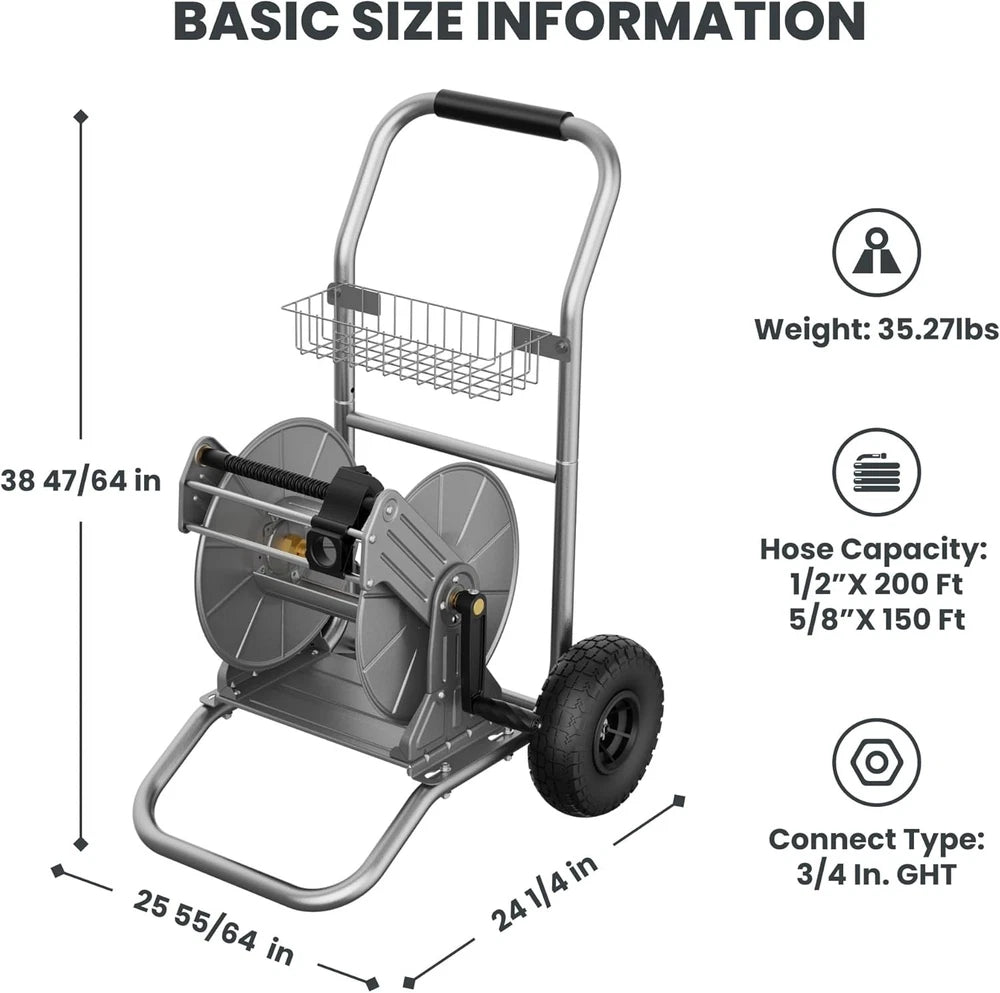 Giraffe Tools Heavy Duty Garden Hose Reel Cart, Water Hose Reel Cart with Wheels