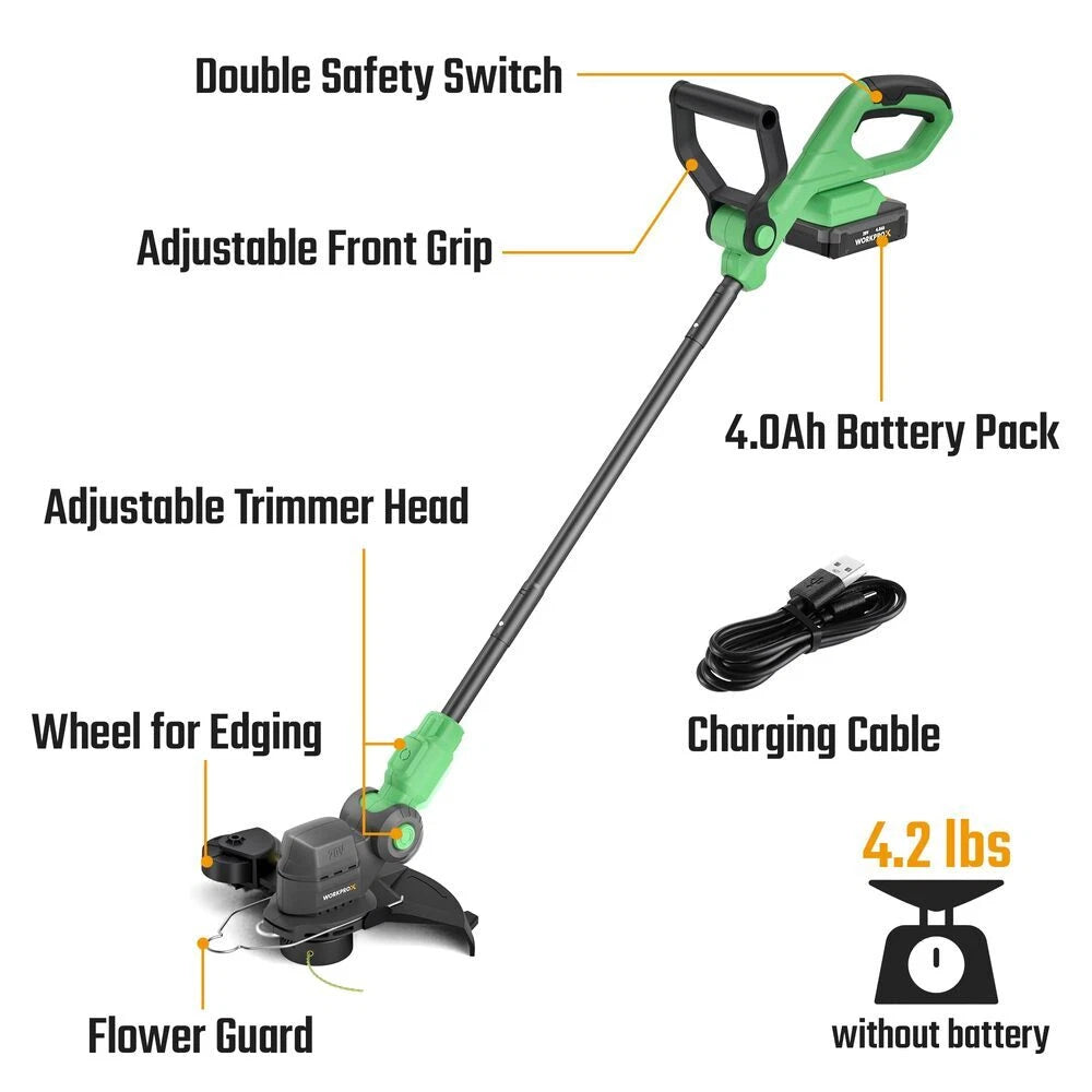 WORKPROX 12inch 20V String Trimmer 4.0Ah Li-Ion Battery Powered Grass Cutter