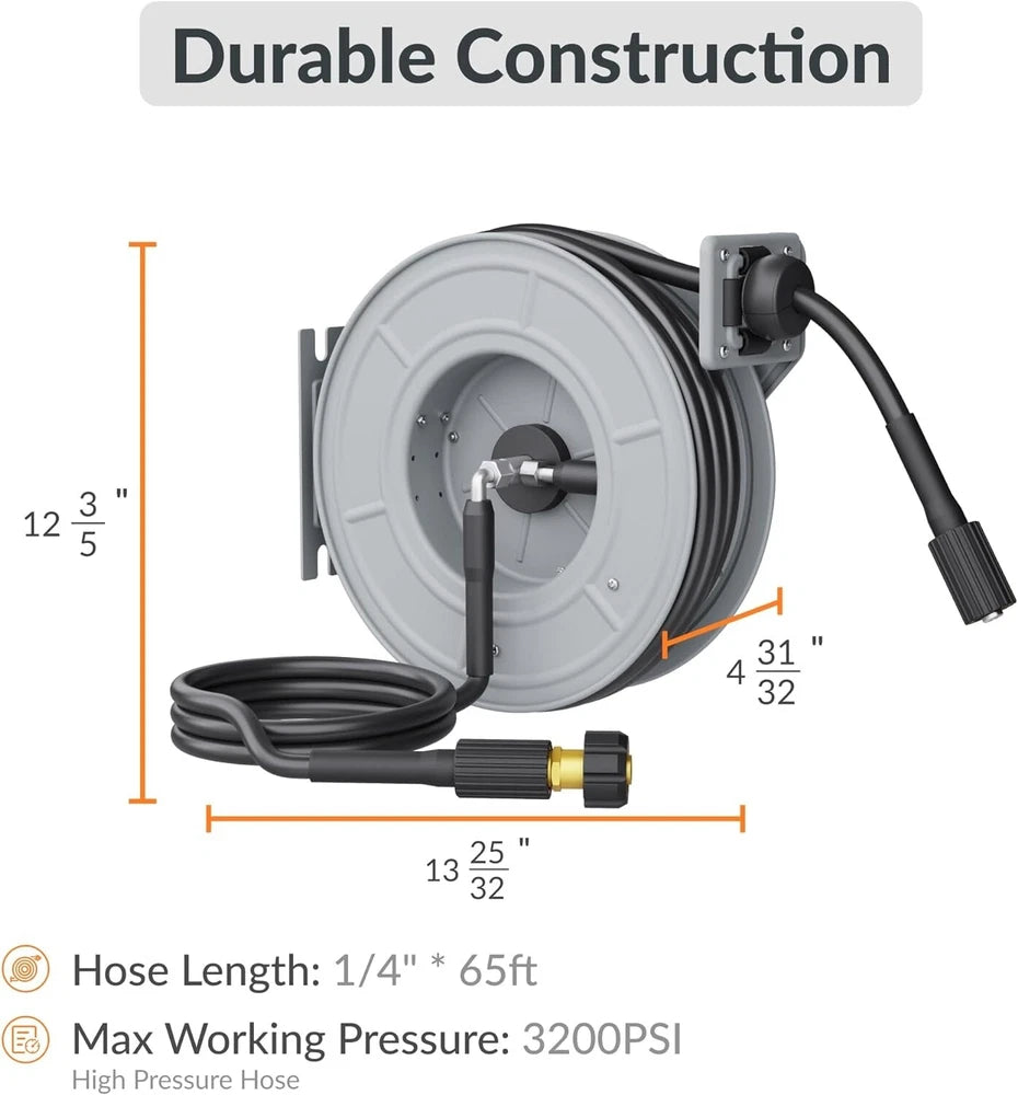 Giraffe Tools Retractable Power Pressure Washer Hose Reel 1/4" x 65 ft, 3200PSI