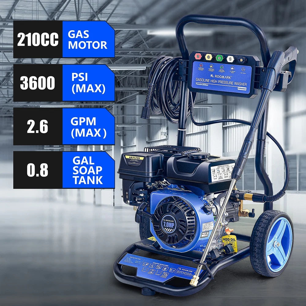 Roomark 3600 PSI Gas Pressure Washer 5 Nozzles Gas Powered Washer 2.6 GPM 210cc